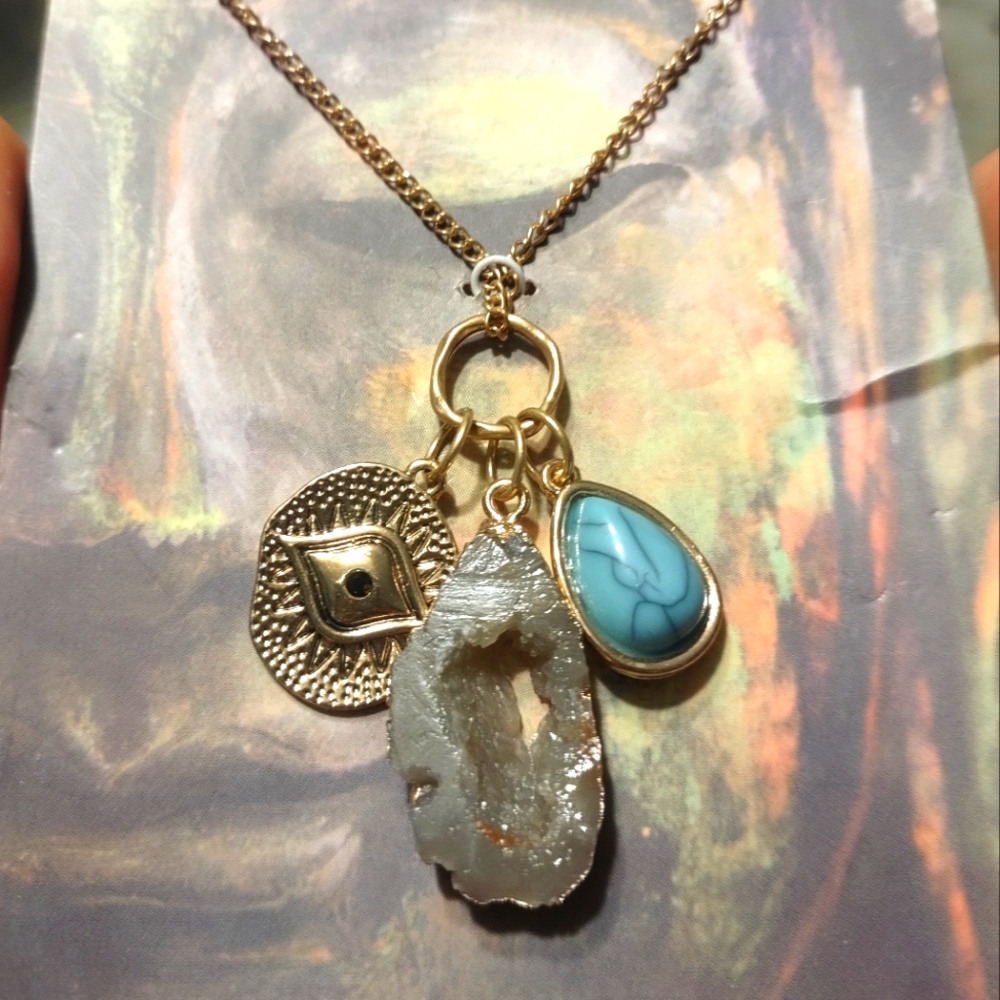Mystical Cluster Gold Necklace with Crystal, Stone, Eye